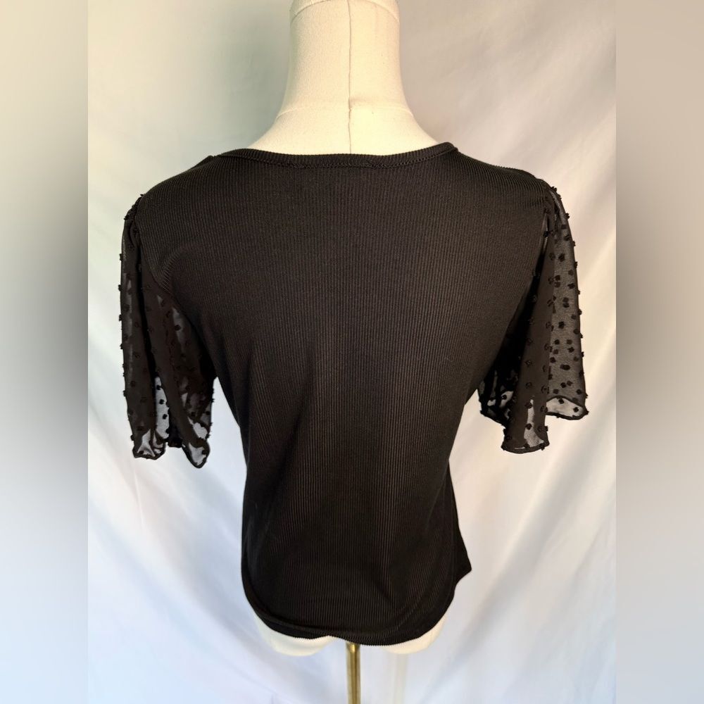 C'est La Vie Ribbed & Swiss Dot V Neck Top Black Size Small - Picture 4 of 8